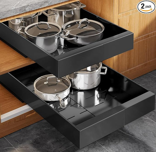 Seinloes 2 Pack Expandable (9"-14") Pull Out Cabinet Organizer 21" Deep With Raising Pad for Framed Cabinets,Upgrade 3 Slide Rails Slide Out Drawers,No Drill Roll Out Shelves Adhesive,Black by Seinloes
