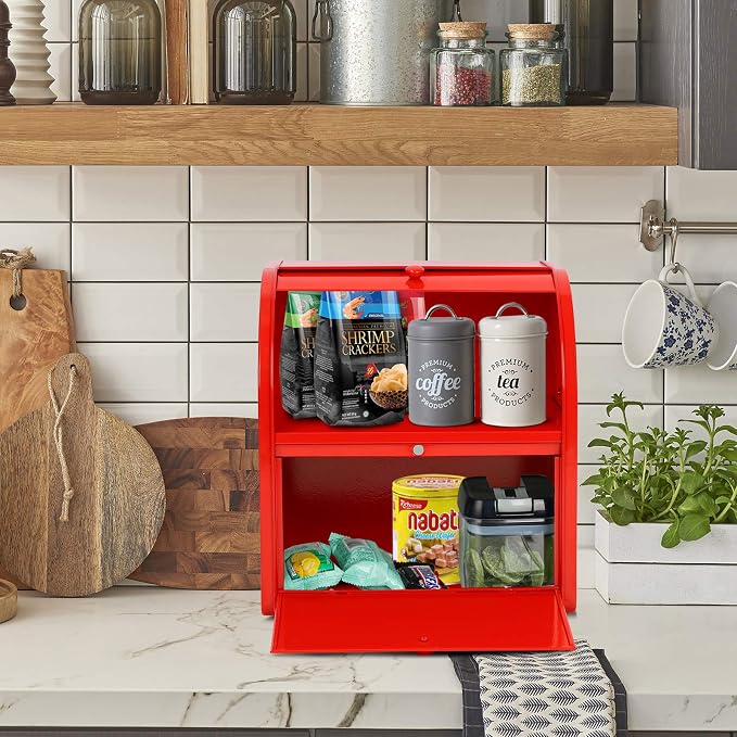 Bread Box, Metal Bread Box for Kitchen Countertop, 2 Layer Roll Top Bread Boxes, Stainless Steel Bread Storage, Kitchen Counter Bread Bin, Airtight Holder for Homemade Bread (Red) - Image 7