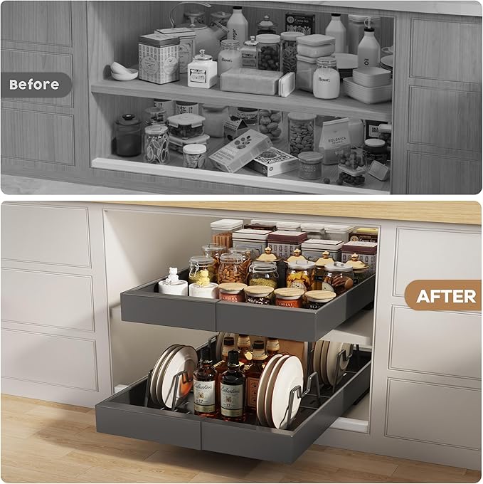 Seinloes 2 Pack Pull out Cabinet Organizer 21" Deep With Raising Pad for Framed Cabinets, Expandable (9"-14" W) Slide out Drawers for Kitchen Cabinets with 4pcs Divider Racks, Roll out Shelves, Black - Image 5