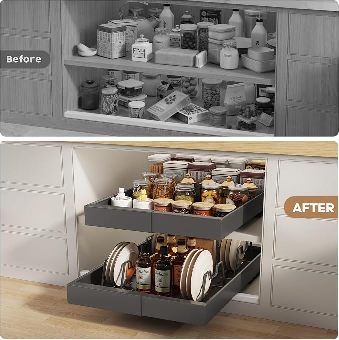 Seinloes 4 Pack Pull Out Cabinet Organizer 21" Deep with Raising Pad for Framed Cabinets, Expandable (9"-14" W) Slide Out Drawers for Kitchen Cabinets with 4pcs Divider Racks, Roll Out Shelves, Black - Image 4