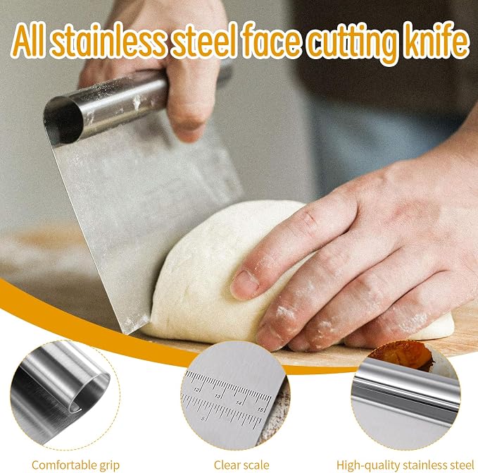 Set of 3 Stainless Steel Dough Scrapers, 15/20/25 cm, Non-Stick Dough Card with Dough Stirrer, Pastry Brush, Dough Cutter, Dough Spatula with Measuring Scale, Cake Scraper for Bread Shaping, Bread - Image 4