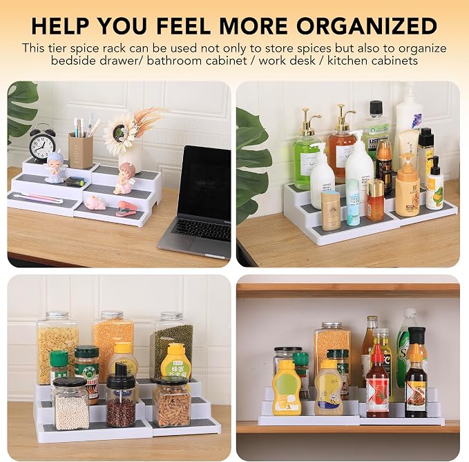 2 Pack 3 Tier Expandable Spice Rack Organizer, Set of 4, 12 Inch Non-Skid Lazy Susan Organizer for Cabinet, Kitchen Storage, Pantry Organization, Bathroom Sink Cabinet, Refrigerator, Spice Rack - Image 5