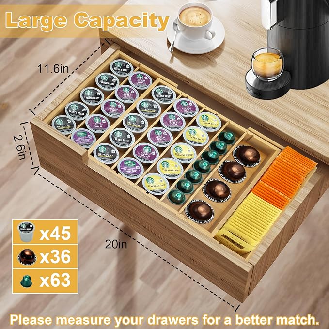 MinBoo Bamboo K Cup Holder for Drawer or Countertop Coffee Pod Holder Expandable K Cup Pod Storage Tea bag organizer K Cup Storage for Coffee Station Home Office and Kitchen - Image 6