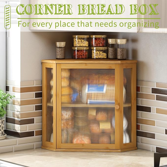 BMOSU Corner Bread Box for Kitchen Countertop Double Layer Bamboo Wooden Bread box Large Capacity Bread Storage Bin(Natural, Extra Large) - Image 3