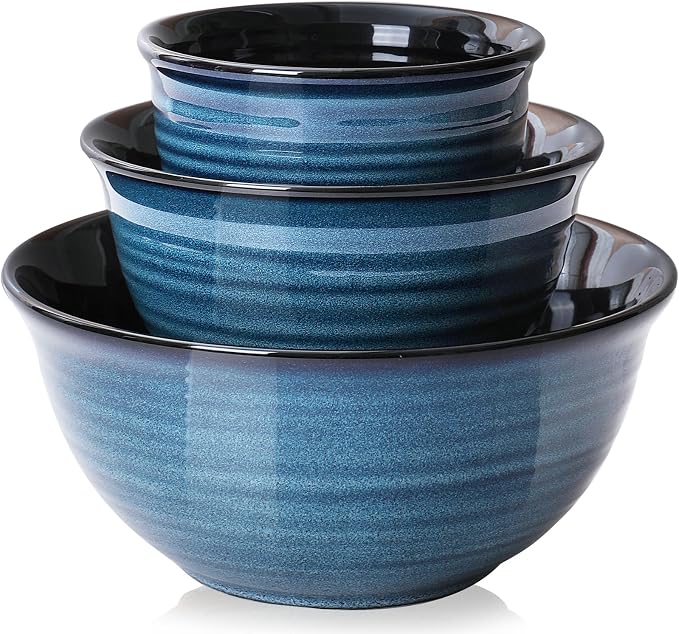 HASENSE Ceramic Mixing Bowls Set for Kitchen, Handmade Serving Dishes for Entertaining, 2.1/1.0/0.5 Qt Deep Microwave Safe Nesting Bowls for Storage and Baking, Blue by Hasense