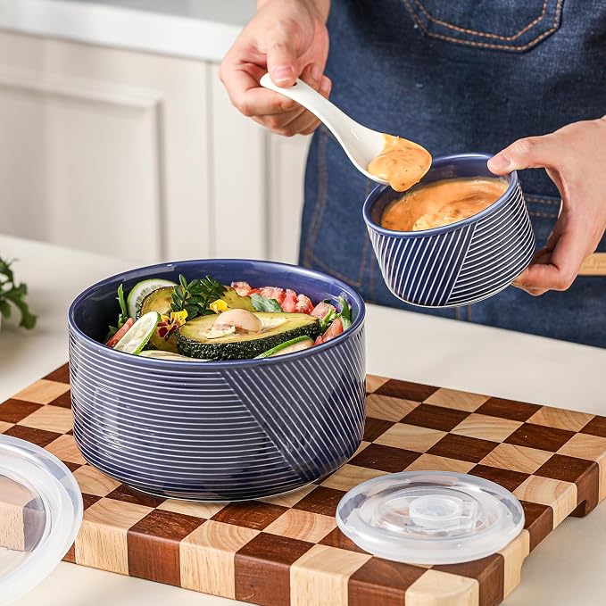 Ceramic Nesting Bowls with Lids, Set of 4, Navy | 50/32/20/10 oz Mixing Bowls with Lids - Porcelain Food Storage Containers For Prep and Serving, Microwave Safe - Image 6
