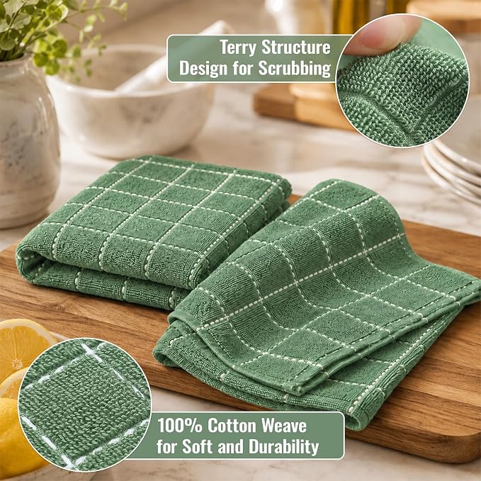 Kitinjoy 100% Cotton Terry Kitchen Towels, 13”x 28”, 8-Pack, Grass Green | Checkered Designed, Ultra Soft Absorbent Quick Drying Dish Towels - Image 2