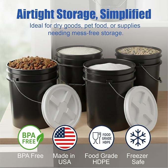 5 Gallon Bucket - Food Grade w/Lid BPA-Free, Black/White, 3 | Airtight Gamma Seal Screw-On Lid, Heavy-Duty 90 Mil HDPE Plastic, Food Safe and Durable Container, Bulk Storage, Made in USA - Image 2