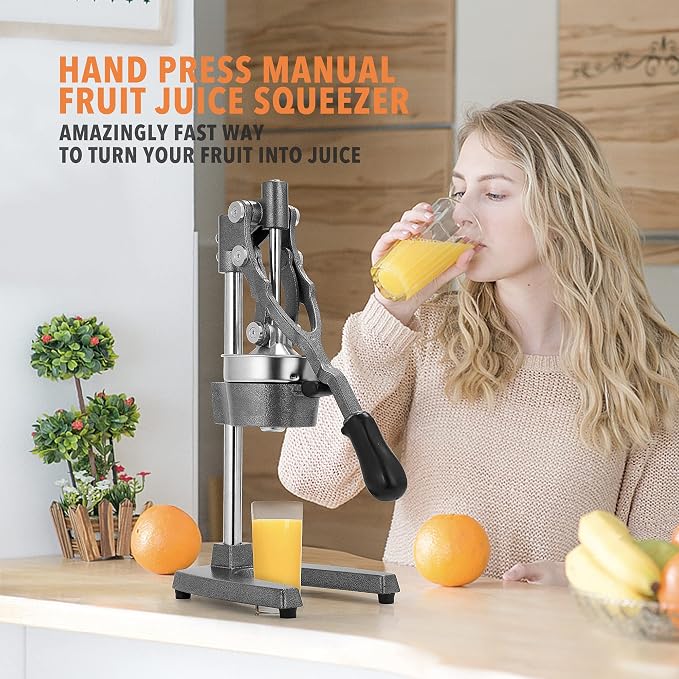 19 Inch Height Extra Tall Commercial Heavy Duty Cast Iron Hand Press Manual Orange Citrus Lemon Lime Grapefruit Pomegranate Fruit Juice Squeezer Machine with Stainless Steel Cup Grey - Image 2
