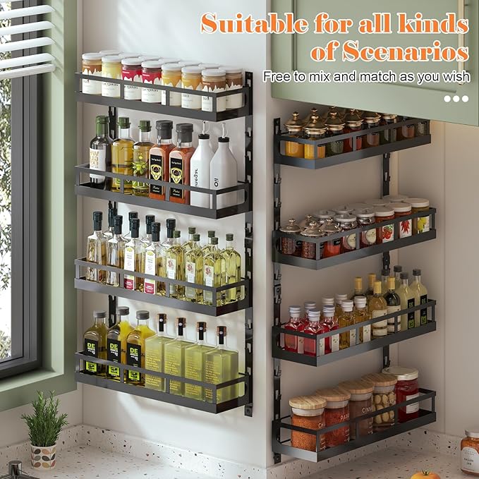 X-cosrack 8-Tier Adjustable Spice Rack – Wall-Mounted Space-Saving Organizer with Mixed Baskets, Large-Capacity Seasoning Holder for Kitchen & Pantry (Black) - Image 2