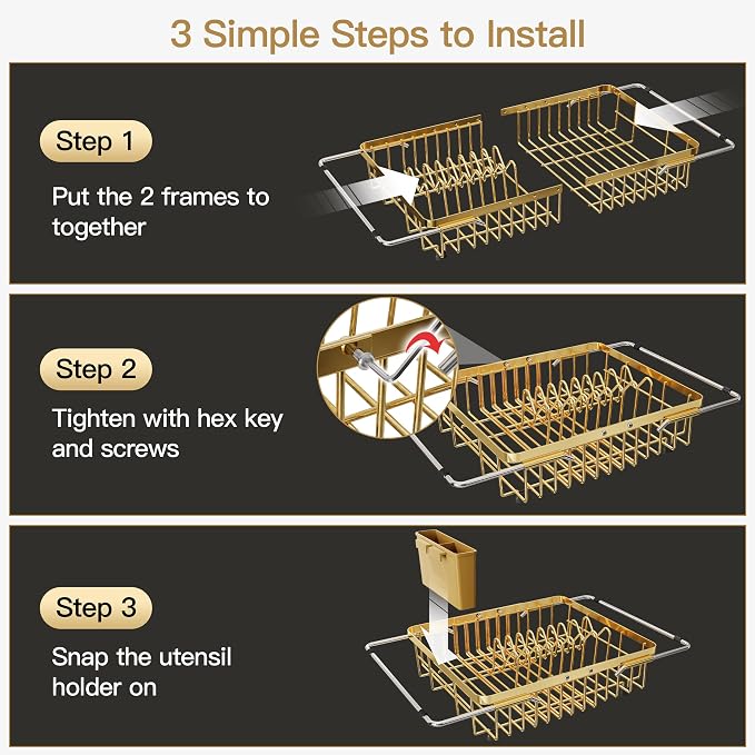 JASIWAY Gold Dish Drying Rack Over the Sink with Utensil Holder | Expandable Stainless Steel Dish Driainers for Small Kitchen, Counter Space Saving, Fast Drain, Rust Resistant, For Apartment - Image 8