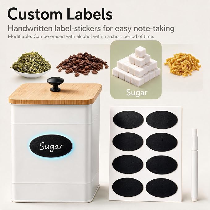 Kitchen Canisters Sets of 4 - Metal Flour Sugar Storage Containers Set for Countertop with Airtight Lids, Coffee Tea Canister Set with Customizable Chalkboard Labels & Marker Pen, White - Image 4