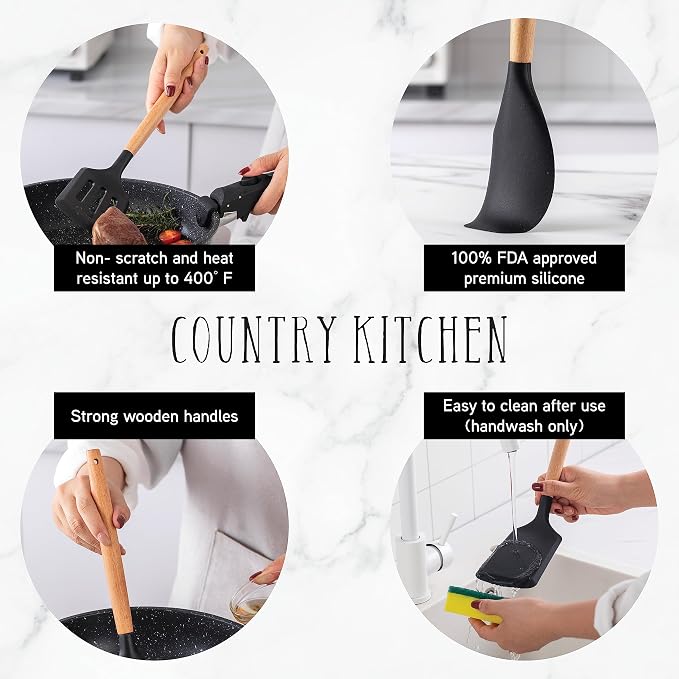 Country Kitchen Non Stick Silicone Utensil Set with Rounded Wood Handles for Cooking and Baking, 14 Piece Set, Black - Image 4