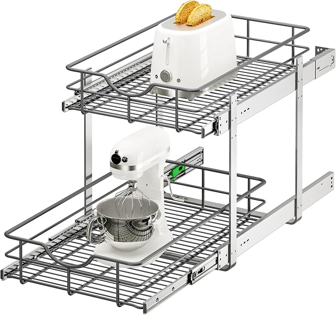 2 Tier Pull Out Cabinet Organizer - 14" W x 22" D Soft Close Slide Out Shelves with Shelf Liners - Pullout Drawers for Kitchen Cabinets, Pantry, Bathroom, Heavy Duty Steel Wire Baskets by Unknown