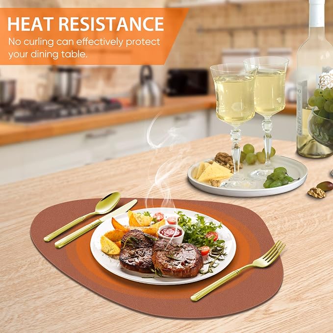 Faux Leather Placemats Set of 4, Wipeable & Washable Table Mats | Waterproof, Heat-Resistant & Easy to Clean Round Place Mats for Dining & Kitchen, 17''x13'', Brown - Image 3
