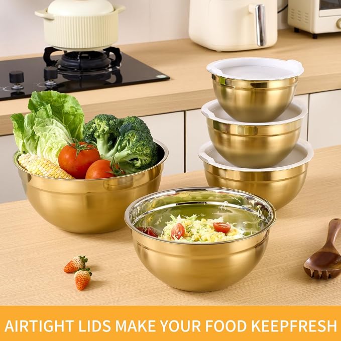 Gold Mixing Bowls With Airtight Lids,Stainless Steel Bowl,Salad Bowls 5 Piece Colorful Nesting Bowl Gold Kitchen Accessories,Size 5.5,3.6,2.7,2.1,1.5QT Stackable Design - Image 5