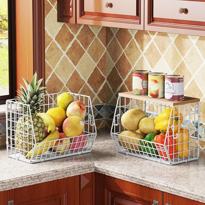 White Fruit Bowl Wire Basket Storage Pantry Fruit and Vegetable Storage Fruit Basket for Kitchen Counter Stackable Wall Mounted Hanging Basket Wire Basket with Wood Lid with Hanger Hooks - Image 6