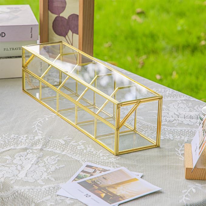 NCYP Glass Tea Bags Organizer with 5 Grids Compartments, Indoor Counter Top Brass Display Case with Lid, Storage Box, Gold, Decor, Teabag Storage, 14.5 x 3.6 x 3.66 Inches (Glass Box Only) - Image 3