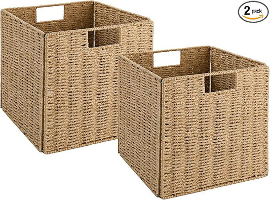 Wicker Storage Basket, Set of 2 Hand-Woven Wicker Basket, 11 inch Storage Baskets for Organizing and Decor, Foldable Cube Storage Organizer Bins Baskets for Shelves, Woven Basket, Natural by Vagusicc