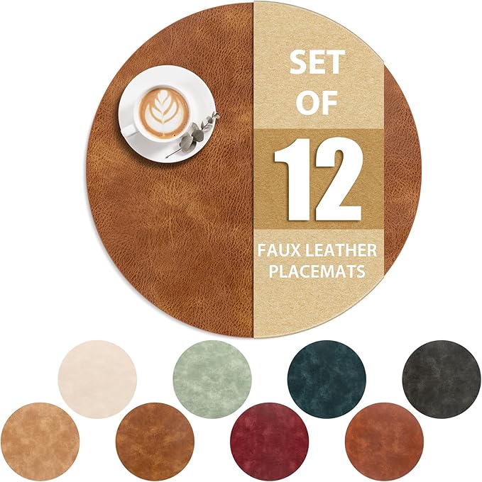 ADRIMER Placemats, Heat Resistant Round Placemats Set of 12 Washable, Waterproof Table Mats, Wipeable Faux Leather Place Mats for Kitchen, Dining Room, Turmeric Brown by Adrimersdreamistobeanindispensablecompanioninyourlife