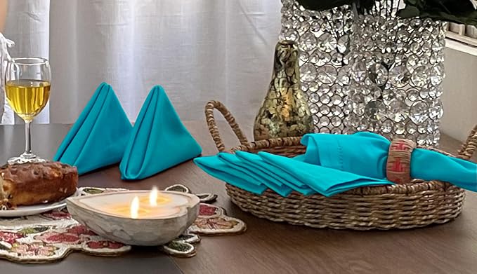 Bedding Craft Cotton Cloth Dinner Napkins Set of 12 – 18x18 Teal Hemstitched with Decorative Selvedge Holes & Mitered Corners – Reusable Machine Washable Fabric Napkins for Weddings & Dining - Image 3