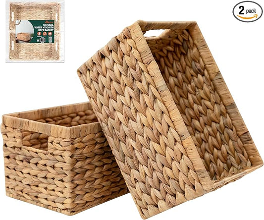 2-Pack Handwoven Water Hyacinth Storage Baskets with Handles, Wicker Bins for Pantry Organization, Shelf or Closet Organizer, Decorative Boho Rectangular Basket 13.5" x 8" by Homestead