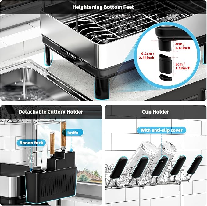 Ewaiira Dish Drying Rack, 2 Tier Large Dish Rack, Stainless Steel Dish Drainer for Kitchen Counter, Dishes Rack with Automatic Drainage, Utensil Holder,Cups Holder,Space Saving Kitchen Organizer,Black - Image 7