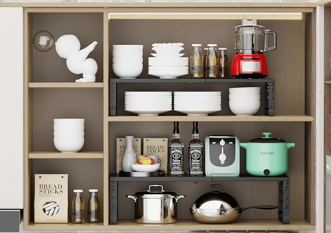 Jojocross Expandable Stackable Spice Rack Organizer for Kitchen Cabinet,Adjustable Counter Shelf, countertop, Pantry,Cupboard,Bathroom,Bedroom(1Pack/Black/Medium) - Image 4