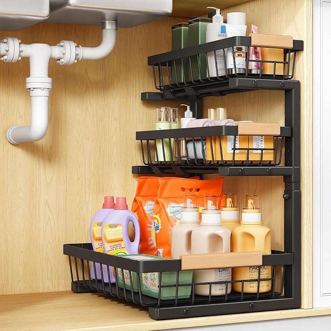 PXRACK Under Sink Organizer, 1-Pack 3-Tier Height Adjustable Thickened Metal Pull out Cabinet Organizer Shelf, Slide out Storage Drawer Rack for Bathroom Kitchen Pantry Home Organization, Black by PXRACK