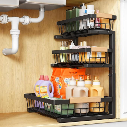 PXRACK Under Sink Organizer, 1-Pack 3-Tier Height Adjustable Thickened Metal Pull out Cabinet Organizer Shelf, Slide out Storage Drawer Rack for Bathroom Kitchen Pantry Home Organization, Black by PXRACK