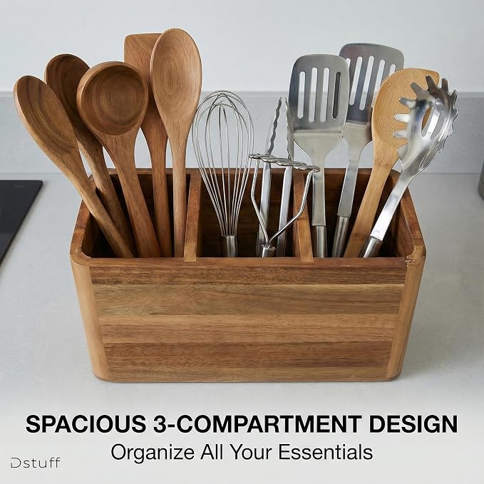 Dstuff Large Kitchen Utensil Holder Organizer for Counter or Countertop, Large Wooden Utensil Holder for Storage Cooking and Silverware with 3 Compartment, Acacia Rustic Wood Container Extra Large - Image 6