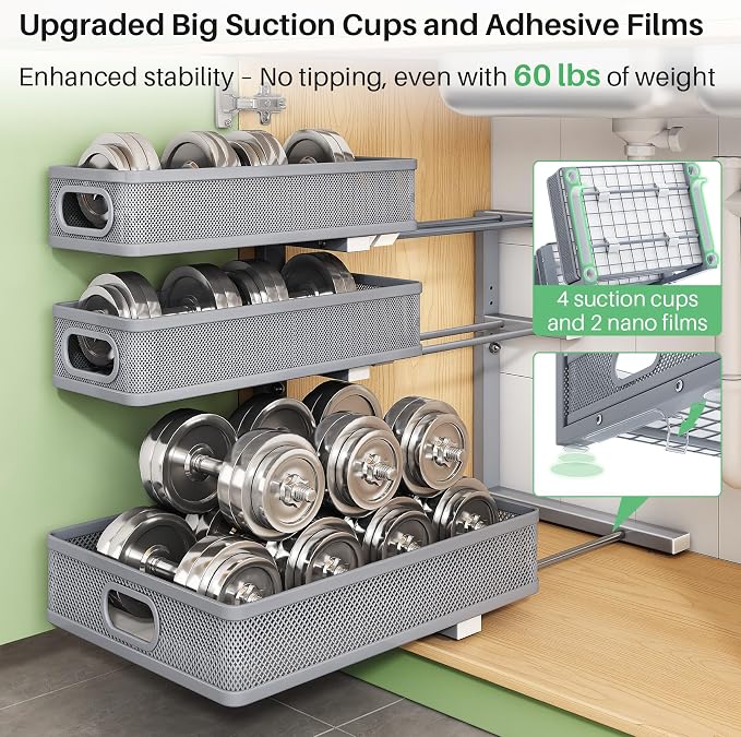 Kitstorack Under Sink Organizer, 2-Pack 3-Tier Height Adjustable Thickened Metal Pull out Cabinet Organizer Shelf, Slide out Storage Drawer Rack for Bathroom Kitchen Pantry Home Organization, Grey - Image 7