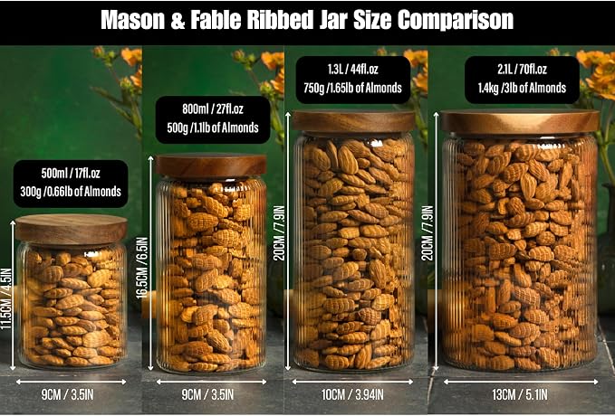 Mason & Fable Ribbed Glass Jar with Wooden Lid 17oz, Set of 3 | Airtight Fluted Storage Canisters for Food, Tea, Coffee, Candy/Spice | Organization Canisters for Home & Kitchen - Image 8