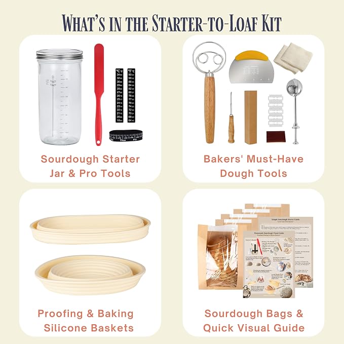 JoeCo Sourdough Starter Kit, Complete Starter-To-Loaf Set with Instructions, Sourdough Starter Jar, Silicone Proofing Baskets, Danish Dough Whisk, Dough Scraper, Bread Lame & Sourdough Baking Supplies - Image 2