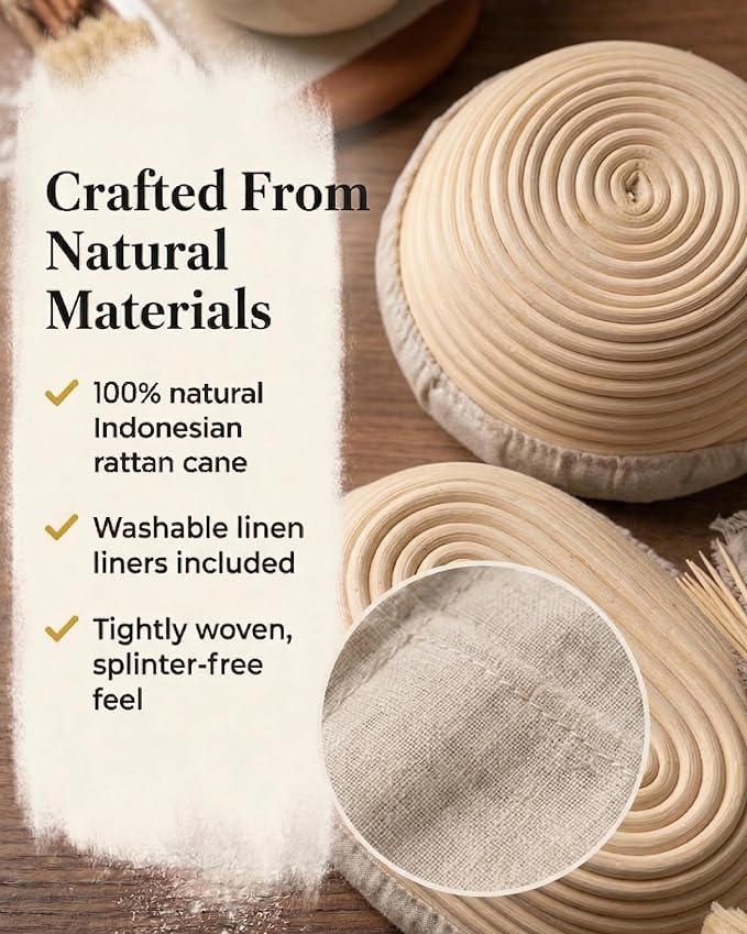 Banneton Bread Proofing Basket with Liners - Natural Rattan Dough Riser & Sourdough Starter Kit, Artisan Bread Loaves, Homemade Bread Making - 9” Round & 10" Oval Basket - 2 Pack - Image 6