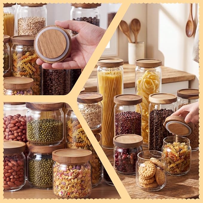 SiliFine 12 Set Glass Pantry Storage Jar with Acacia Airtight Lid 3 Size Glass Storage Container Jar for Pasta Spaghetti Cereal Coffee Bean Flour Sugar Rice, 17oz, 35oz, 53oz (Wood Lid) - Image 4