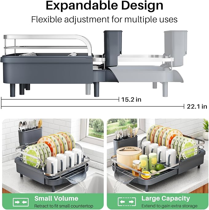 SAYZH Expandable Dish Drying Rack for Small Kitchen Counter, Grey | Stainless Steel, Protective Guardrail, Angled Drainboard, Fits High-Rim Sinks, Removable Utensil Holder - Image 2