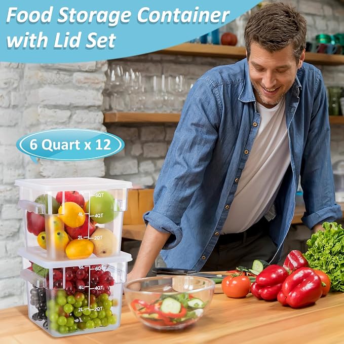 Yungyan 12 Pcs 6 Qt Commercial Food Storage Containers with white Lids Restaurant Square Airtight Food Storage Containers Clear Cereal Container for Kitchen Freezer Dishwasher Pantry - Image 5