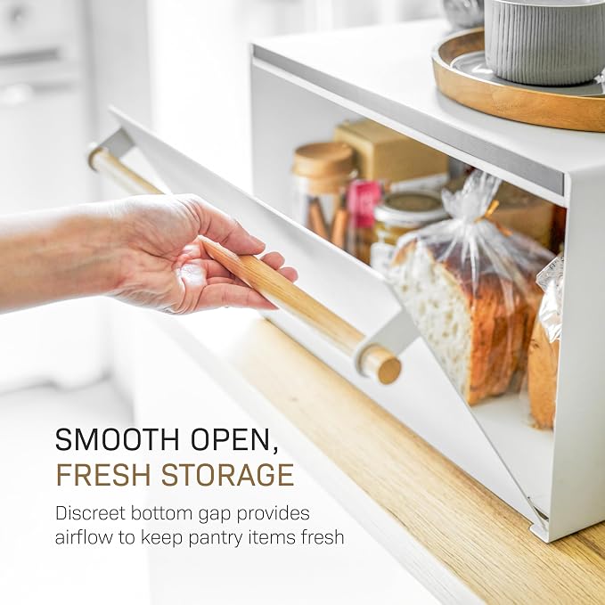 YAMAZAKI Home Modern Bread Box – Steel + Wood Countertop Bread Storage Container, Large White Bread Box for Kitchen Countertop, Space-Saving Bread Keeper, Easy Access Lid | Large bread box for kitchen countertops. Features an easy-access lid to keep br... - Image 6