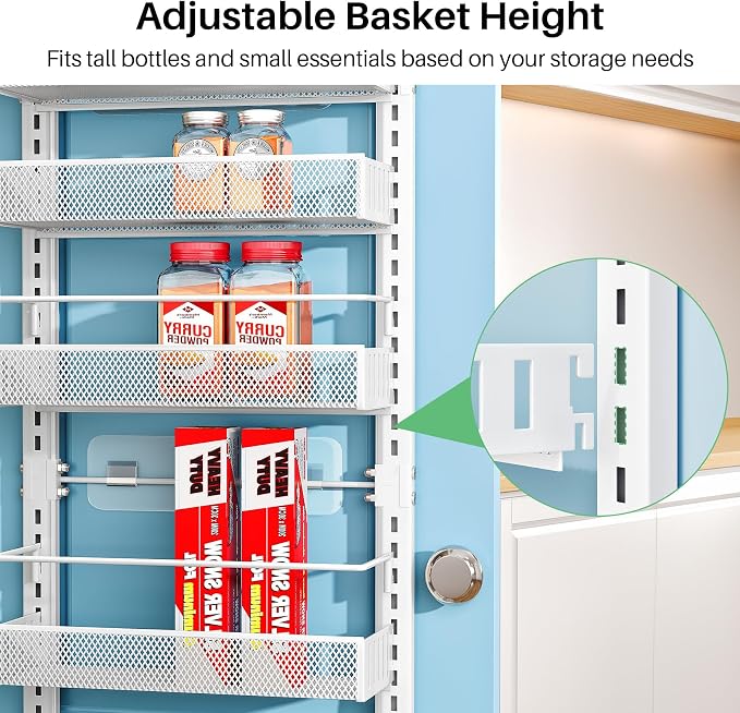 SNTD 8 Tiers Narrow Over the Door Organizer, 12.3"W x 4.7"D x 69"H, White | Pantry Door Organizers and Storage, Height Adjustable Spice Rack, Dense Mesh Baskets, Anti-Swing, Adjustable Door Fastener - Image 7
