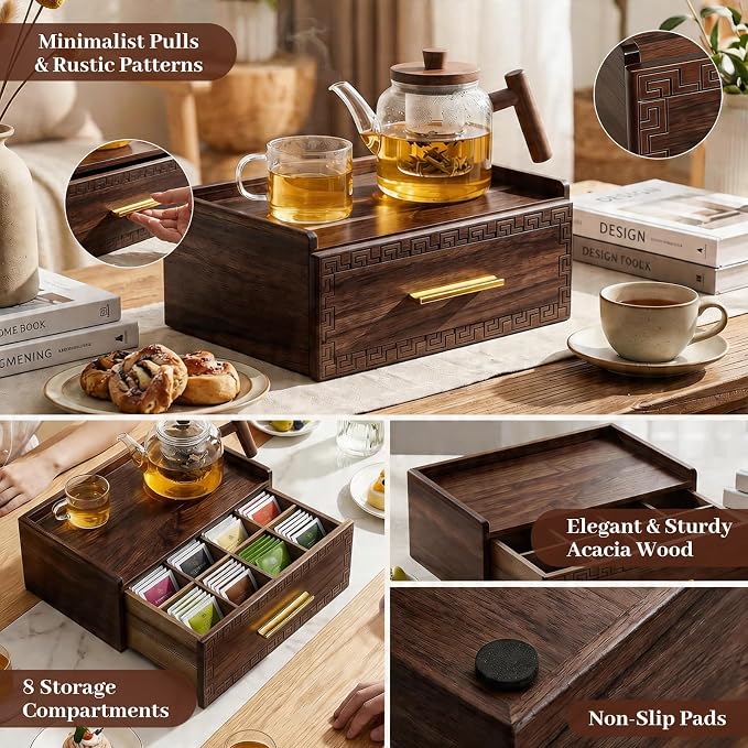 Acacia Wood Tea Bag Organizer with Storage Drawer | 8 Compartments Tea Caddy with Pattern Carving & 2 Ceramic Absorbent Coasters | Wooden Teabag Holder Tea Organizers for Countertop (Walnut) - Image 6