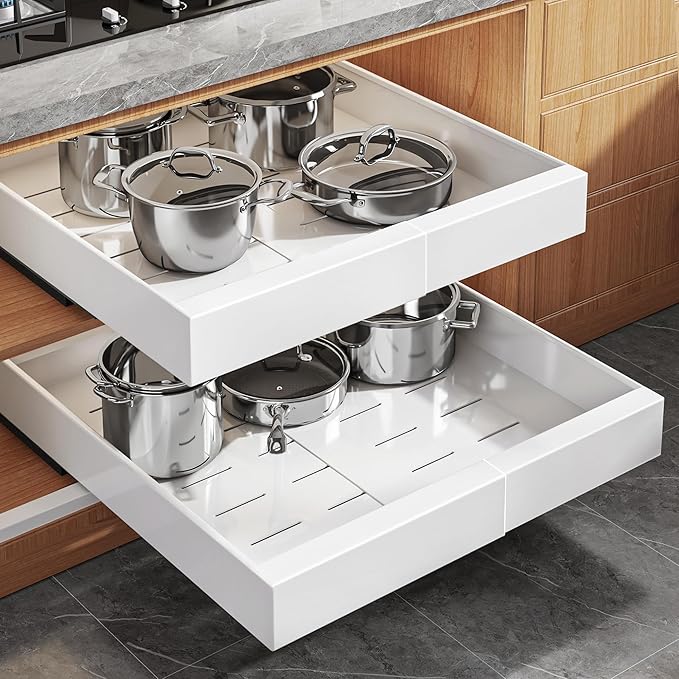 Seinloes 2Pack Expandable Pull Out Cabinet Organizer 21"Deep With Raising Pad for Framed Cabinets, Upgrade 3 Slide Rails Slide Out Drawers, Roll Out Shelves Adhesive,Adjustable Width 12.05"-20.4"White by Seinloes