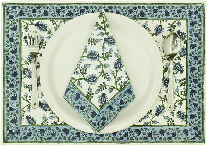 16x16 Inches Cotton Napkins Set of 4, Blue Green, Washable Hand Block Printed Reusable Cloth Napkins for Dinning, Party, Wedding, Home Decor Fall - Image 7