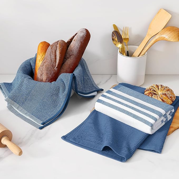 Homaxy Cotton 380 GSM Premium Kitchen Towels, 18"x 28", 12 Pack, Navy Blue | Soft and Absorbent Terry Dish Towels, Multipurpose Tea Towel Set with Hanging Loop, 3 Styles Kitchen Hand Towels - Image 6