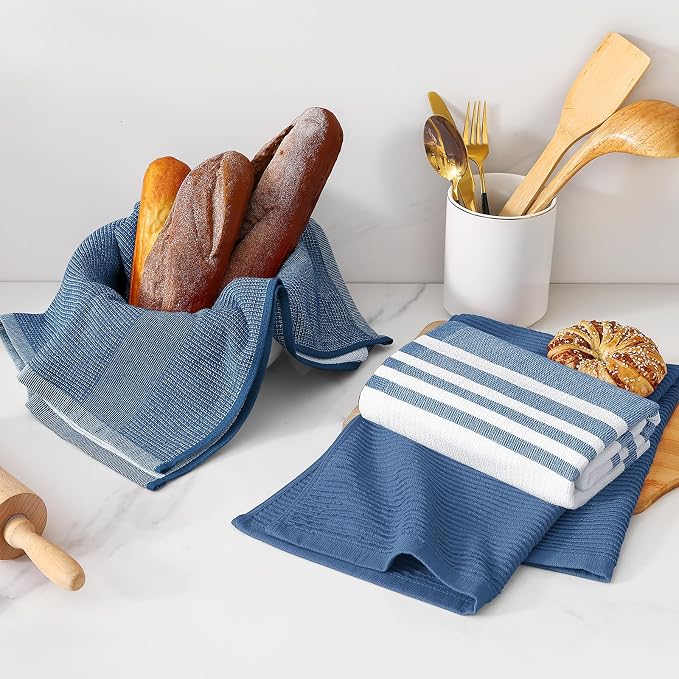 Homaxy Cotton 380 GSM Premium Kitchen Towels, 18"x 28", 9 Pack, Navy Blue | Soft and Absorbent Terry Dish Towels, Multipurpose Tea Towel Set with Hanging Loop, 3 Styles Kitchen Hand Towels - Image 6