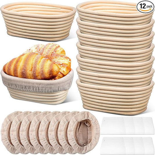 Gejoy 12 Set Bread Proofing Baskets Oval Shaped Banneton Dough Proofing Bowls Kit with Cloth Liner and Plastic Scraper Sourdough Proofing Basket for Home Sourdough Bakers Supplies (8.5 Inch) by Gejoy