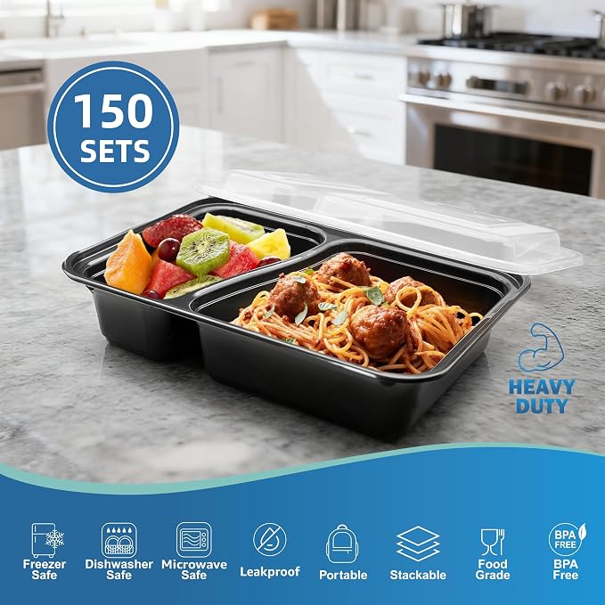 28oz Food Storage Containers with Lids,150 Sets 2-Com Disposable Boxes | Heavy Duty, BPA Free, Microwave/Dishwasher/Freezer Safe, To Go Bento Boxes for Lunch Takeout - Image 3