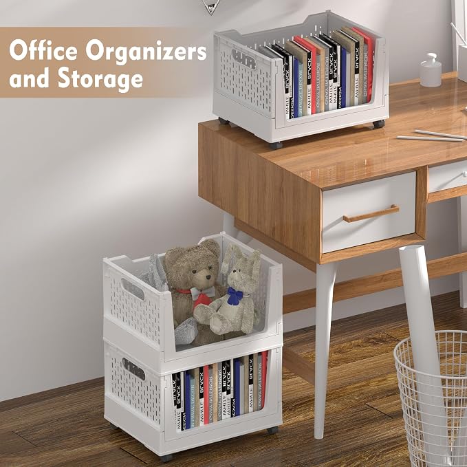 Stackable Plastic Storage Basket, 3 Pack Foldable Closet Organizers and Storage Bins with Wheels, Collapsible Drawer Shelf Storage Box Container for Office Bedroom Closet Wardrobe Kitchen Bathroom - Image 2
