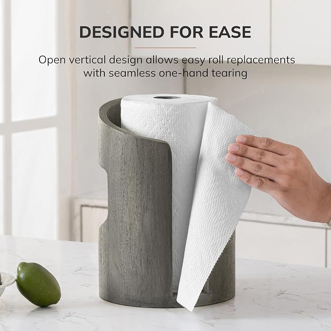 Anji Mountain Wooden Paper Towel Holder with Metal Holder, Holder Stand for Kitchen Roll Organizer & Kitchen Dining Table Home Décor, Countertop Fits Jumbo & Mega Rolls - Greige/Nickel, Arc Hold - Image 5