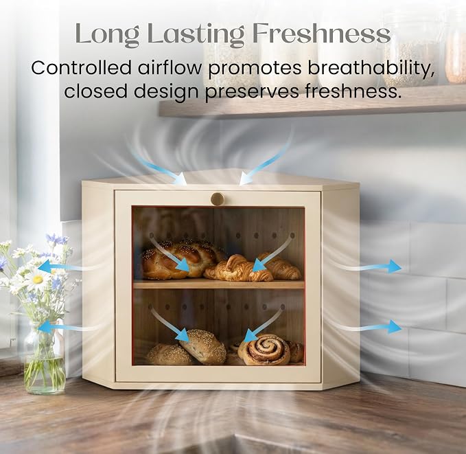 2 Tier Corner Bread Box for Kitchen Countertop, Cream | Space-saving, food-safe bamboo corner countertop cabinet featuring a modern brass knob & controlled airflow. - Image 7